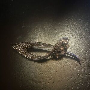 Vintage Silver Leaf Brooch with Marcasite and black and white crystals
